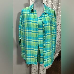 Diane Gilman 100% Silk Plaid Button Up Long Sleeve Shirt with Matching Tank Top